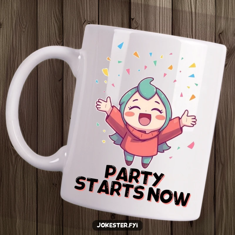 Funny Confetti Mug: A delighted character joyfully throws colorful confetti into the air with pure glee.