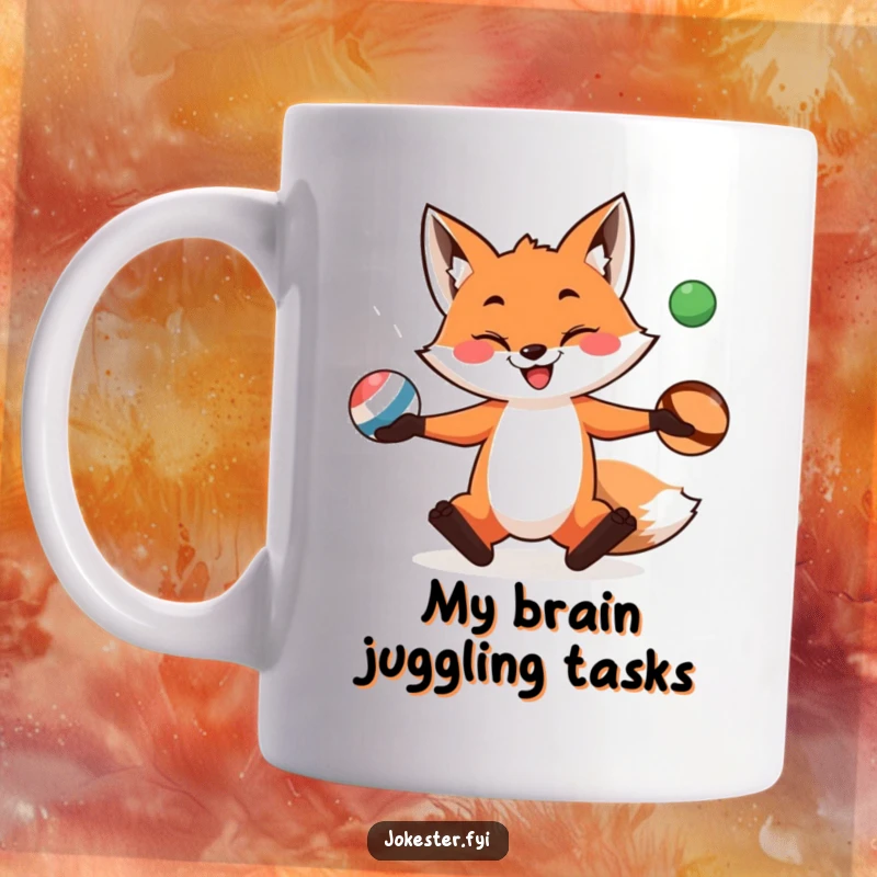 Funny fox with a cheeky grin joyfully juggling three colorful balls, capturing a moment of playful mischief on a mug.