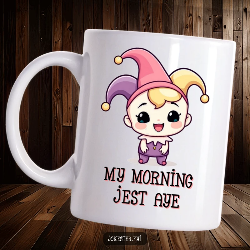 Funny jester cap mug, a cheerful character in a jester hat playfully tipping it, inviting fun and laughter.