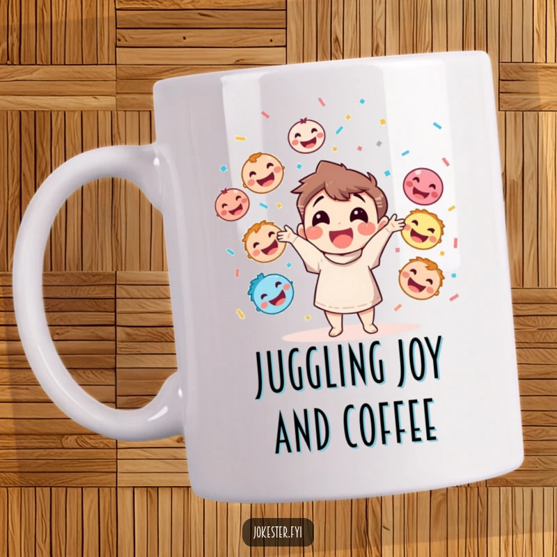 Funny mug with a happy character throwing confetti while juggling colorful smiling and laughing faces.