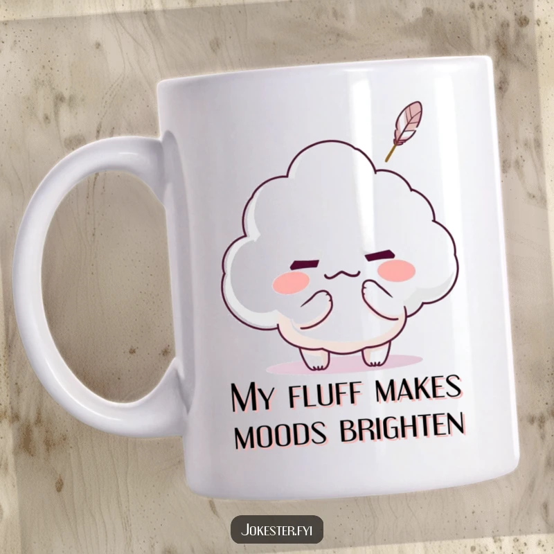 Funny Kawaii character gently tickling a grumpy cloud with a feather, transforming its frown into a smile, illustration for mugs.