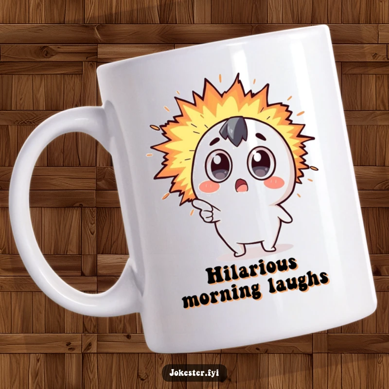 Funny Kawaii character with wide, surprised eyes pointing at a rapidly expanding explosion of colorful humor, on a fun mug.