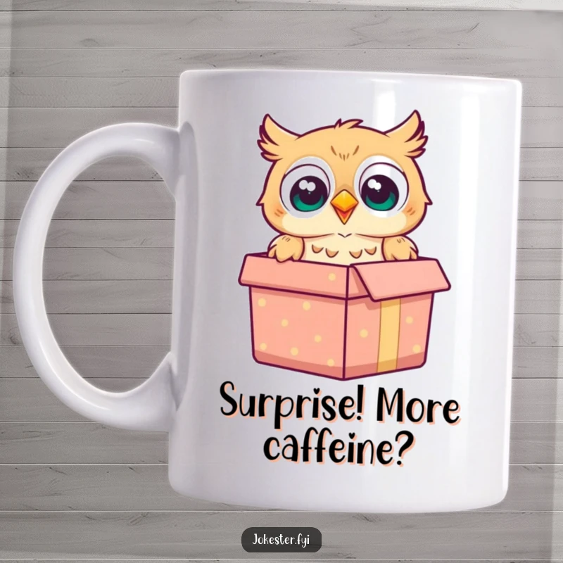 Funny owl mug showing a cheerful owl popping out of a gift box with a genuinely surprised expression.