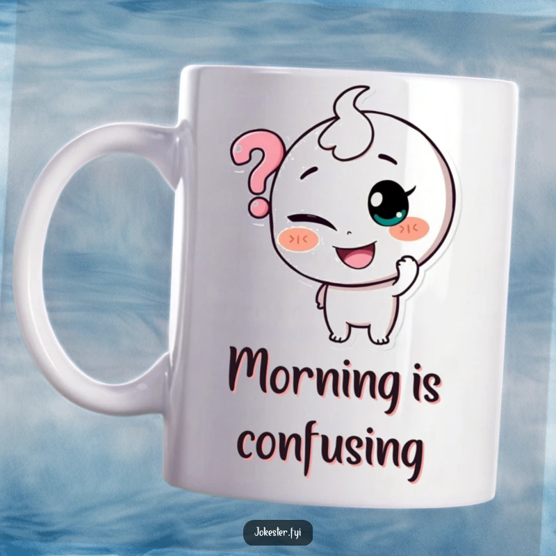 Funny mug: a smiling character playfully tickling a floating question mark with a mischievous glint in its eye.