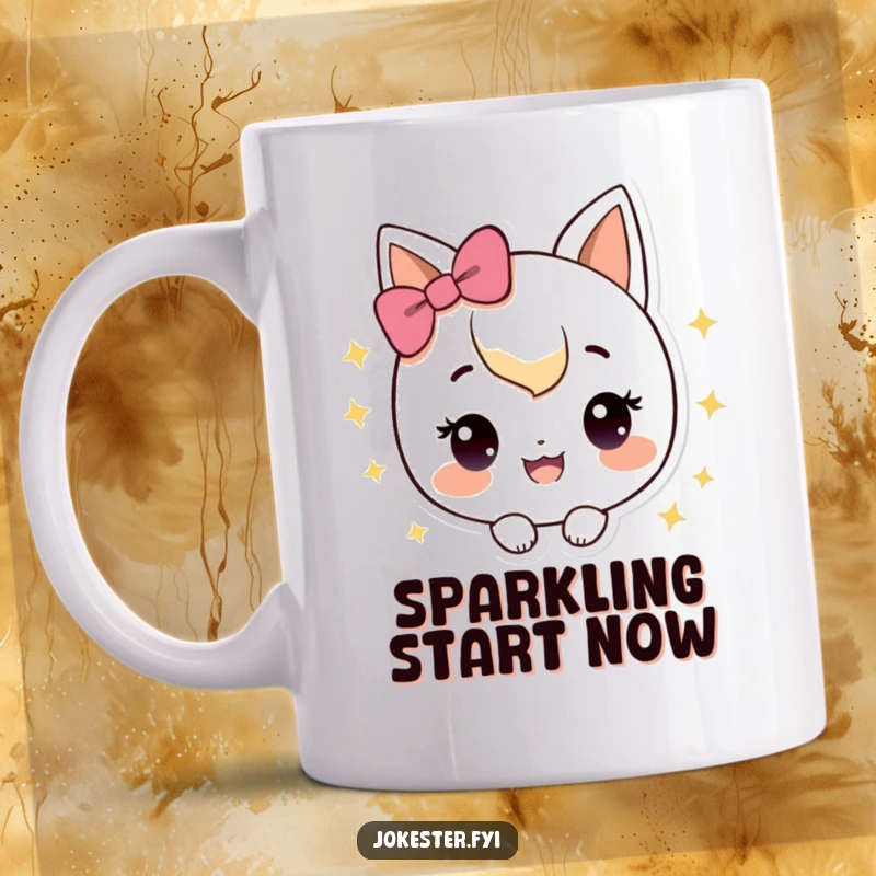 Funny Mug featuring a happy character surrounded by sparkles, looking very pleased, radiating pure joy.