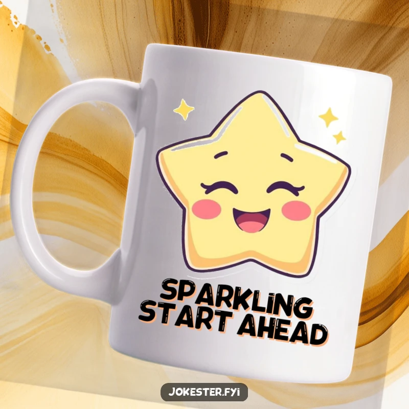 Funny Star Mug featuring a happy, anthropomorphic star character winking with a playful, twinkling expression, radiating joy.