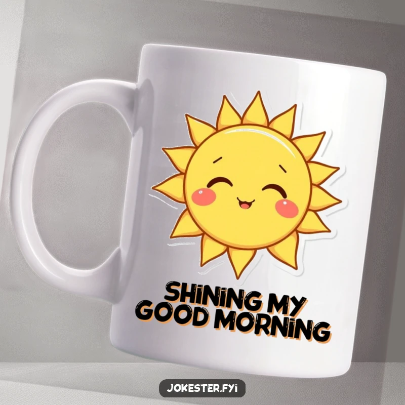 Funny sun mug featuring a happy smiling sun character tilting its head playfully, radiating warmth and comical cheerfulness.