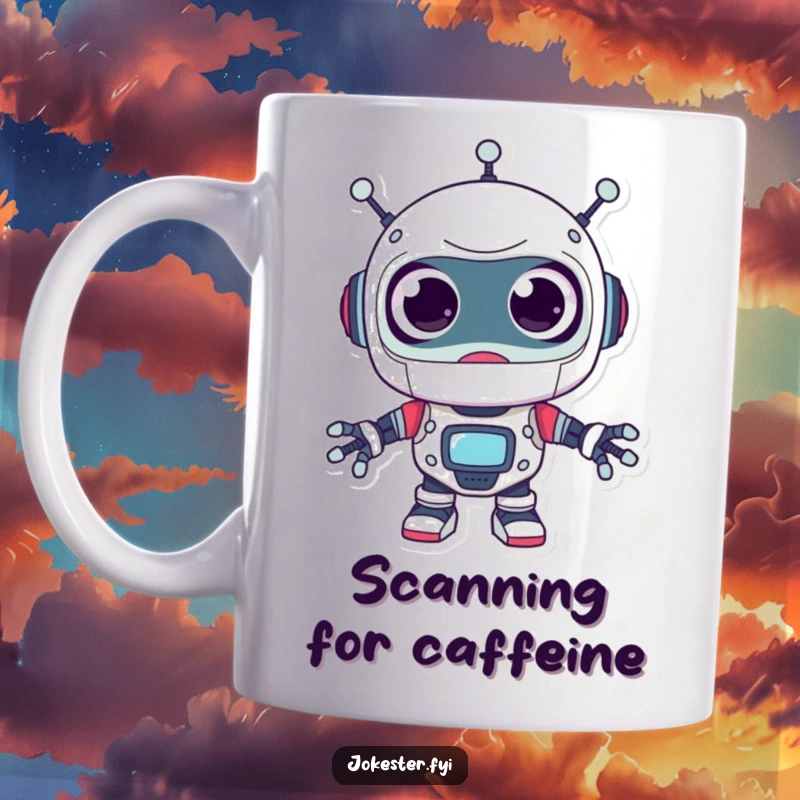 Funny robot mug with enormous googly eyes, playfully looking around with a surprised expression, ideal for tech humor.