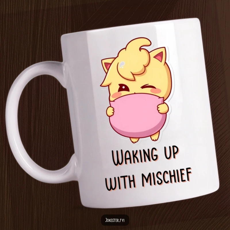 Funny whoopee cushion mug showing a sly character winking mischievously, holding a whoopee cushion, ready to pull a prank.