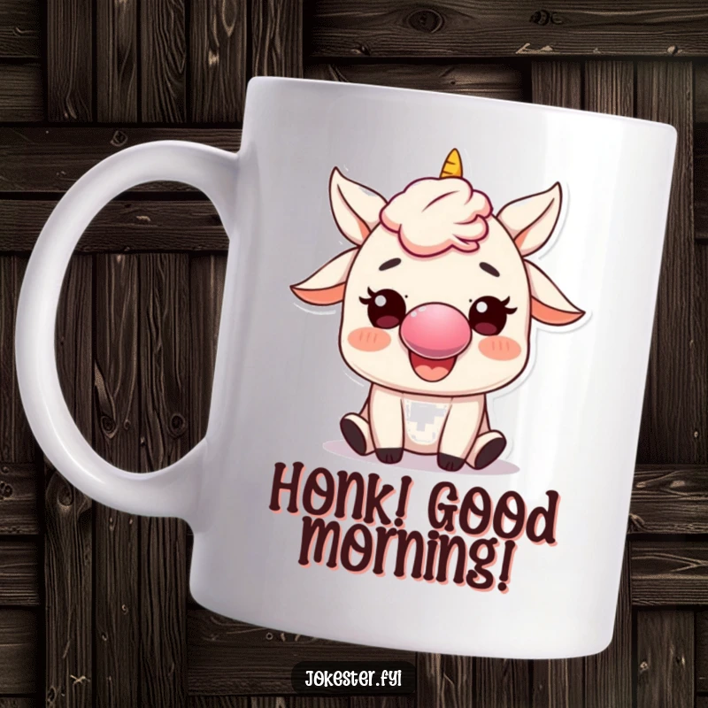 Funny Mug: A happy character sporting a red clown nose joyfully honks a tiny horn, spreading laughter and lighthearted fun.