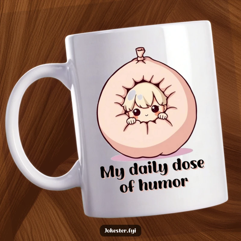 Funny curious character peeking from behind a giant whoopee cushion, mischievous art, playful prankster design, humorous character mug.