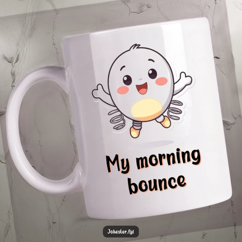 Funny mug showing a cheerful character with springs on its feet, bouncing joyfully in the air, radiating happiness.
