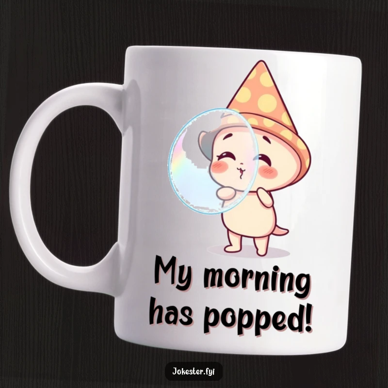 Funny mug with a giggling character in a cone hat, happily blowing a giant, colorful bubble, spreading cheer and amusement.
