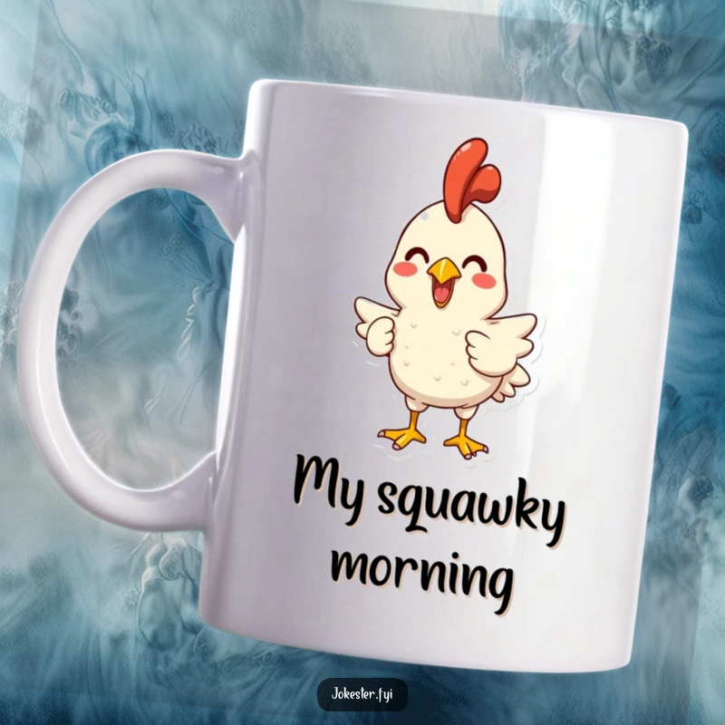 Funny mug featuring a joyful character holding a rubber chicken, poised to let out a playful squawk. Guaranteed to bring smiles.
