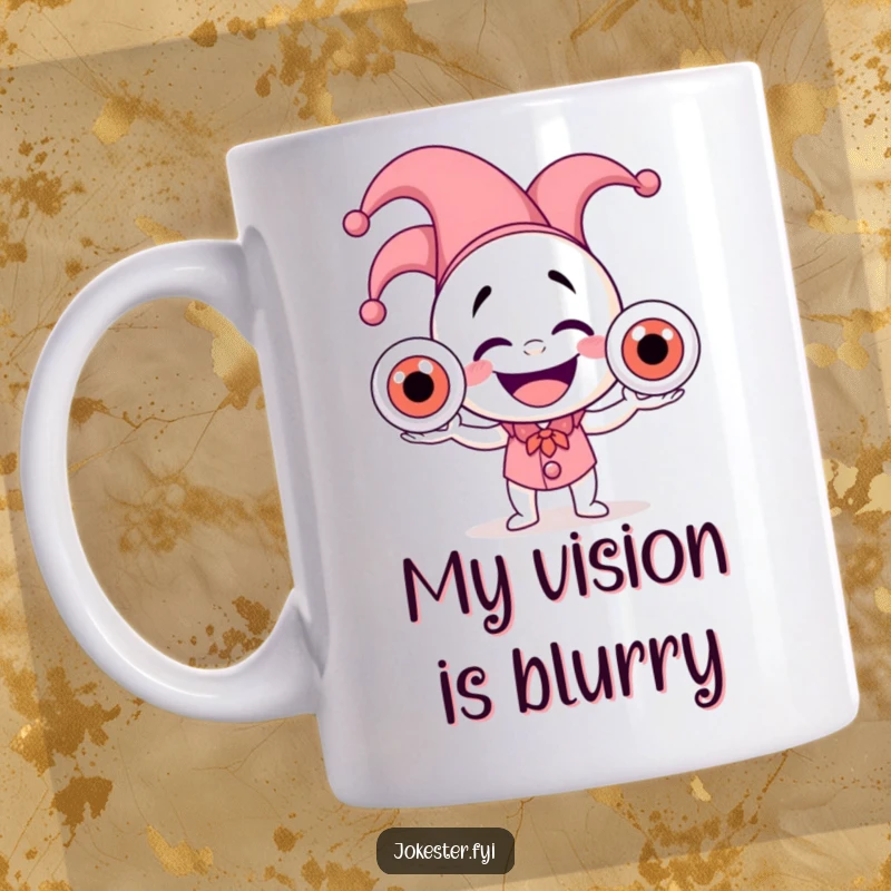 Funny mug with a laughing jester in a hat juggling three large, wobbly eyeballs, exuding pure, chaotic joy.