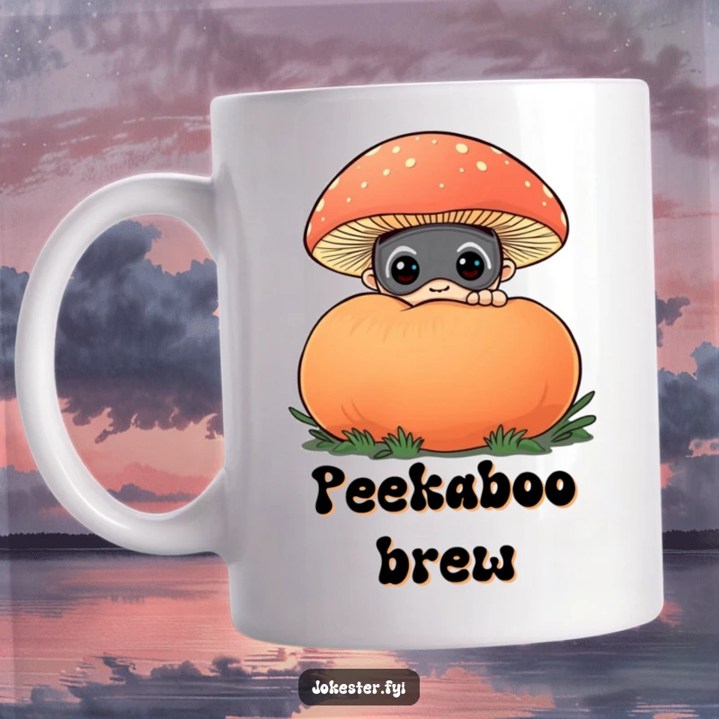 Funny mug with a curious character wearing a funny mask, peeking playfully from behind a large, colorful puffball mushroom. Intriguing and amusing.