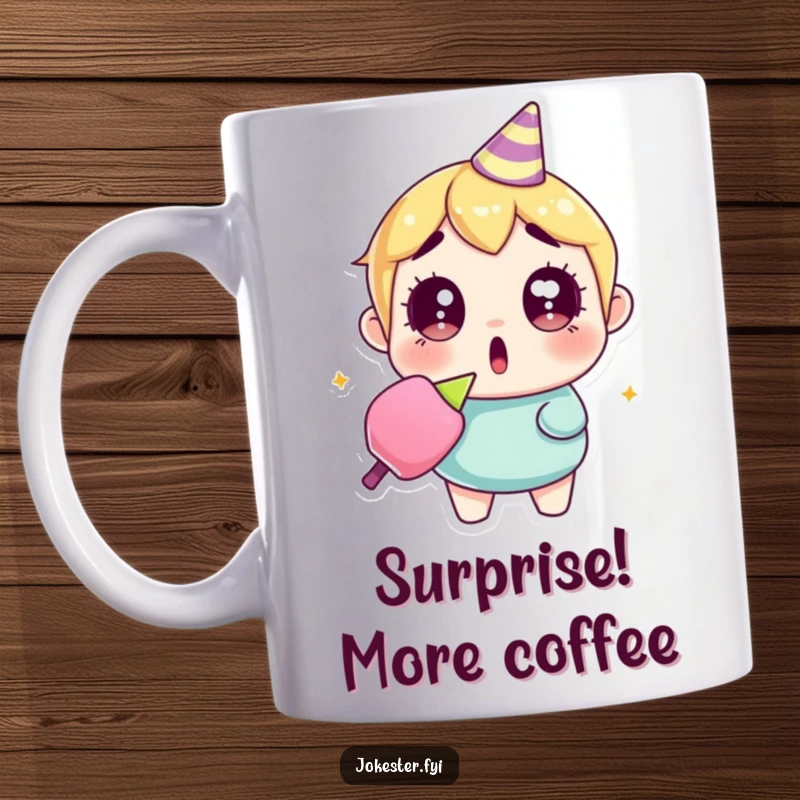 Funny surprised party popper mug showing a character with huge, wide eyes, recoiling slightly from a just-popped party popper.