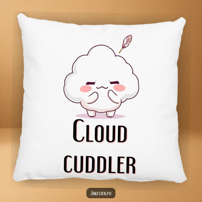 Funny Kawaii character tickling a grumpy cloud with a feather, making it smile, soft and cuddly pillow.