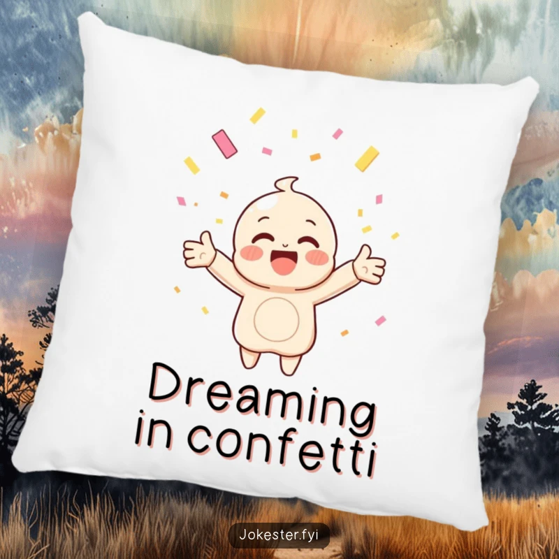 Funny pillow featuring a happy character with arms outstretched, catching falling confetti, perfect for adding festive cheer to seating.