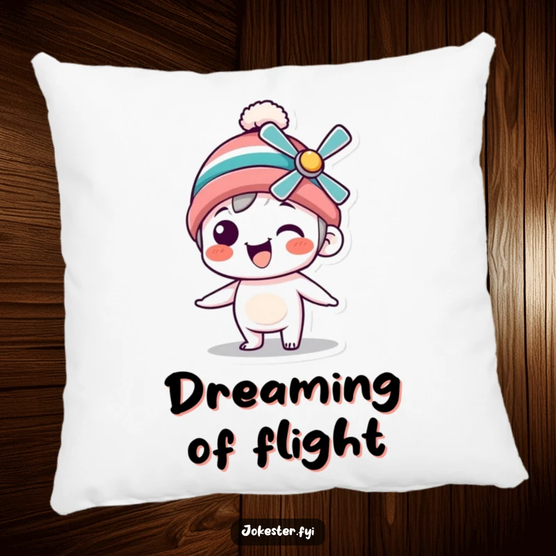 Funny Pillow featuring a silly character in a propeller beanie spinning with glee, providing soft comfort and a touch of playful decor.