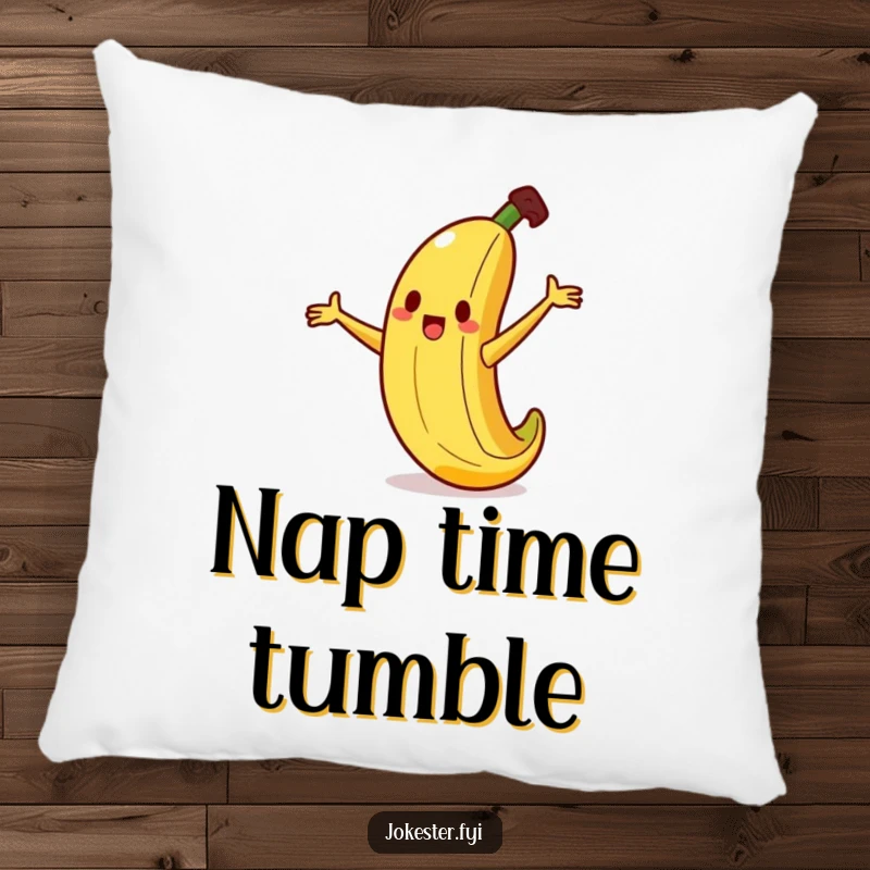 Funny banana pillow with a silly banana character humorously slipping on a tiny peel, arms flailing, a soft and amusing accent.