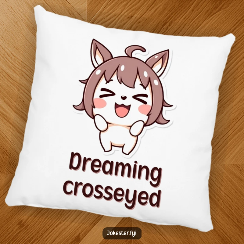 Funny joyful character making a silly face and crossing its eyes, decorative pillow, soft cushion, goofy cartoon art, funny comfort gift.