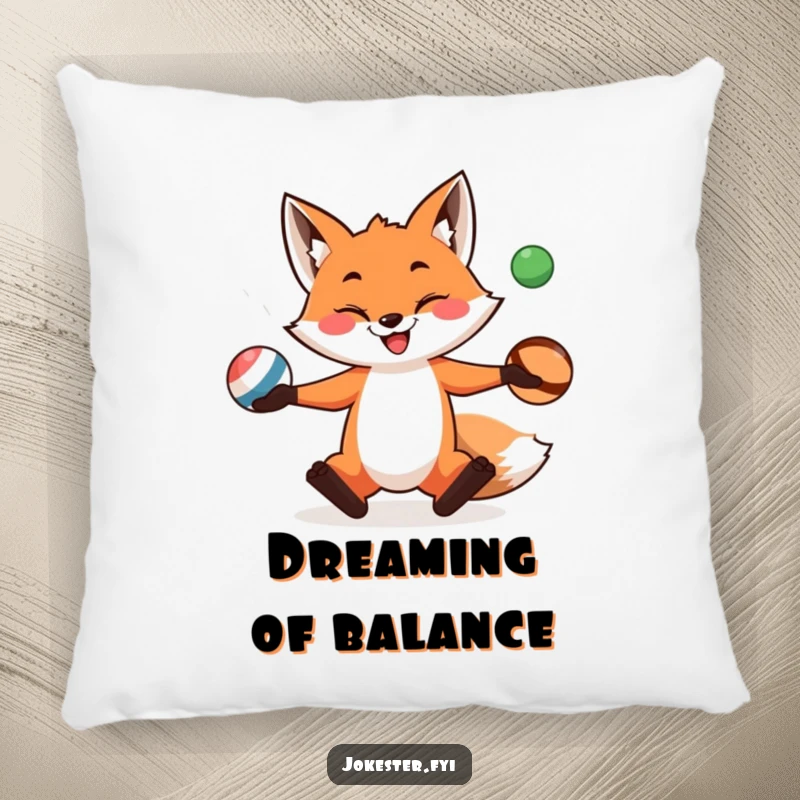 A cute, funny fox is shown juggling three balls, bringing playful energy and comfort to a decorative pillow.