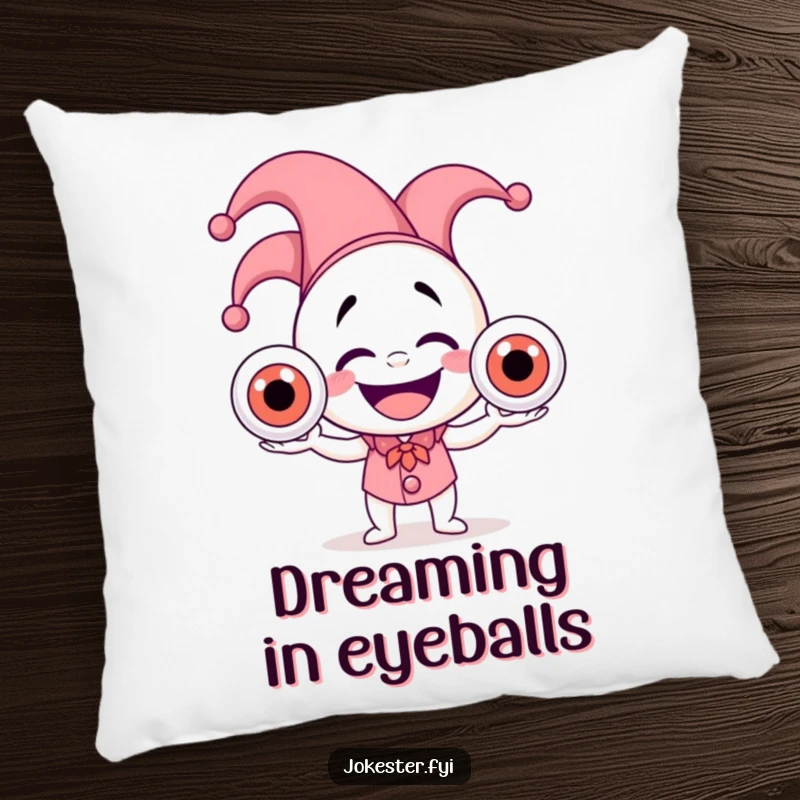 Funny pillow featuring a laughing jester in a hat juggling three large, wobbly eyeballs, adding a touch of quirky comfort.