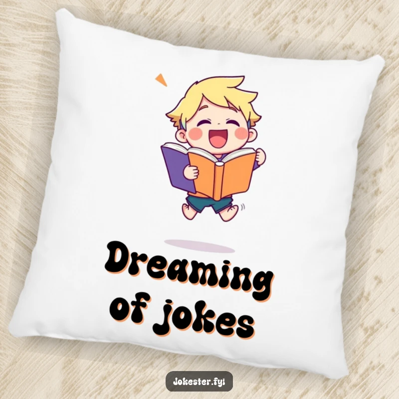 Funny joke book pillow showing a character joyfully leaping while holding a large book of jokes, providing comfort and amusement.