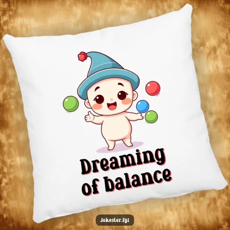 Funny juggling pillow with a cheerful character in a silly hat, juggling three colorful balls, offering comfort and amusement.