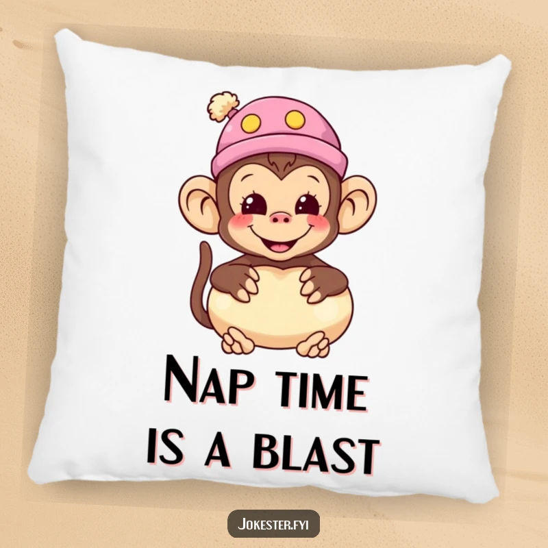 Funny monkey pillow with a smiling monkey wearing a silly hat and holding a whoopee cushion, great for decor.