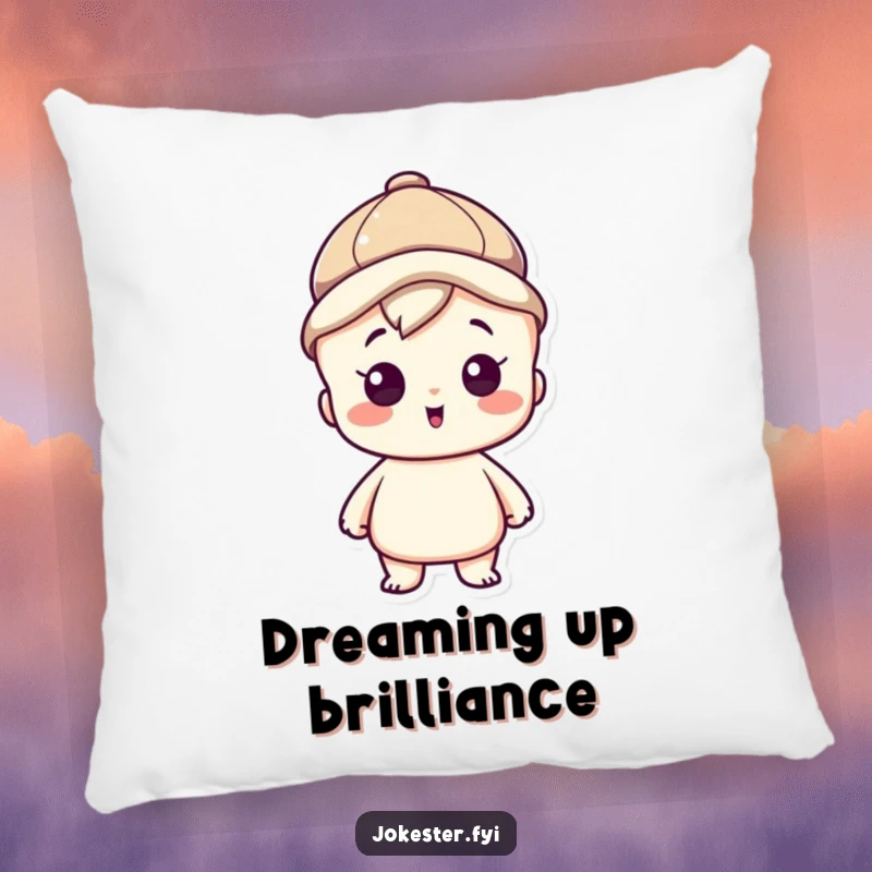 Funny pillow featuring a clever character wearing a thinking cap, looking inspired, perfect for cozy contemplation.