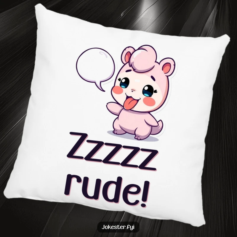 Funny pillow depicting a playful character sticking its tongue out at a floating speech bubble, offering humorous comfort and sass.