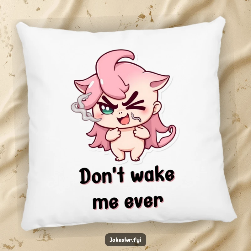 Funny Pillow featuring a winking mage holding smoke, perfect for adding cozy mystery and humor.