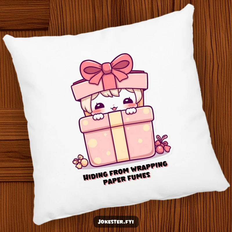 Funny Pillow: A comical character peeking from behind a big, colorful, surprise present.