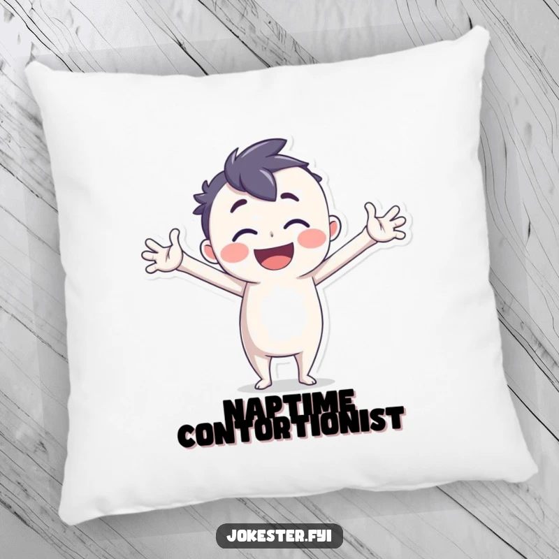 Funny Pillow featuring a joyful character in a silly, exaggerated pose, perfect for cozy comfort and humor.