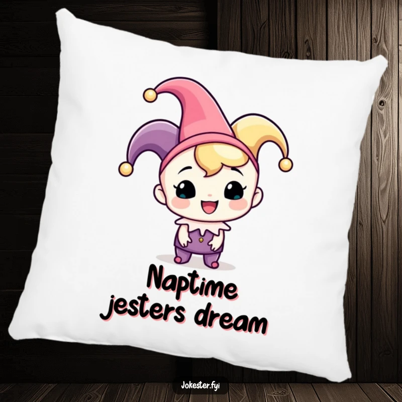 Funny jester pillow, a cheerful character in a jester hat playfully tipping it, offering comfort and a festive vibe.