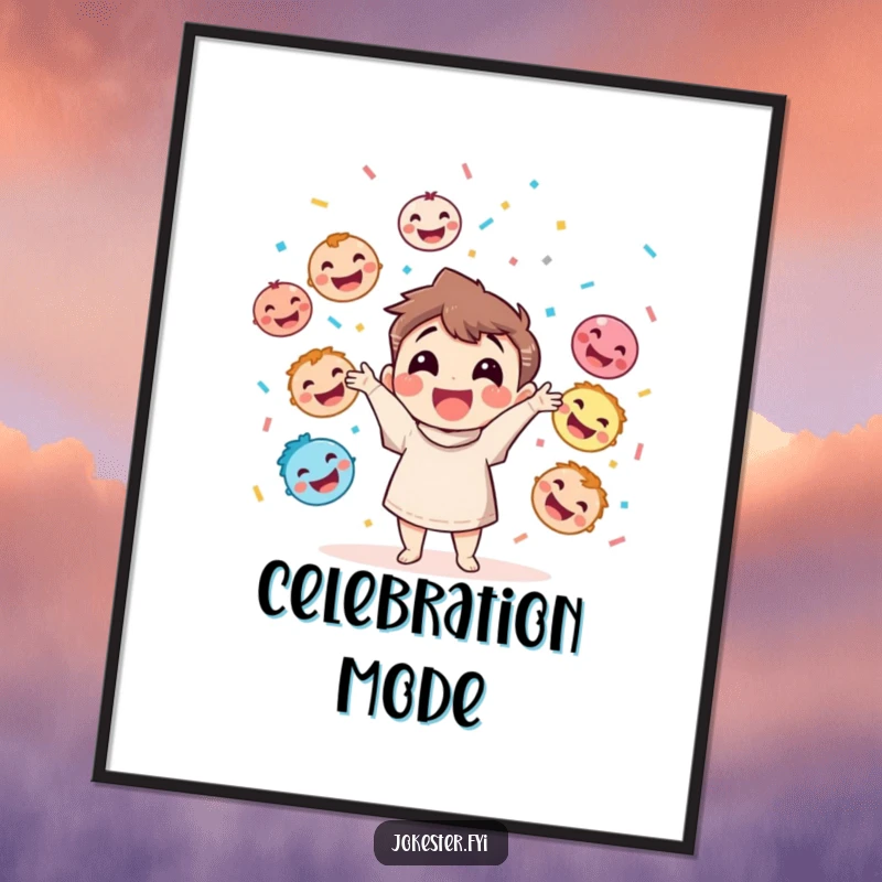 Funny digital art print of a happy character throwing confetti while juggling colorful smiling and laughing faces, perfect for framing.