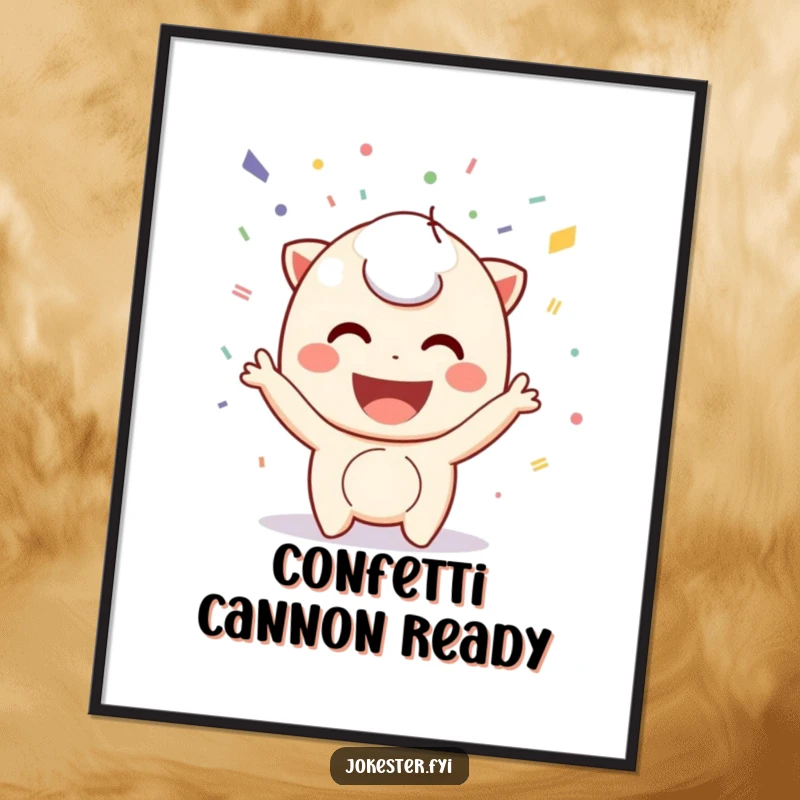 Funny confetti digital art print, a playful character with a big smile joyfully throwing colorful confetti. High-resolution art for festive decor.