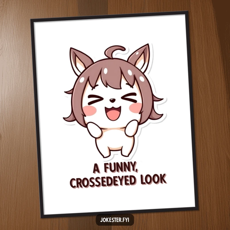 Funny joyful character making a silly face and crossing its eyes, downloadable art print, goofy cartoon illustration, cheerful decor, instant funny gift.