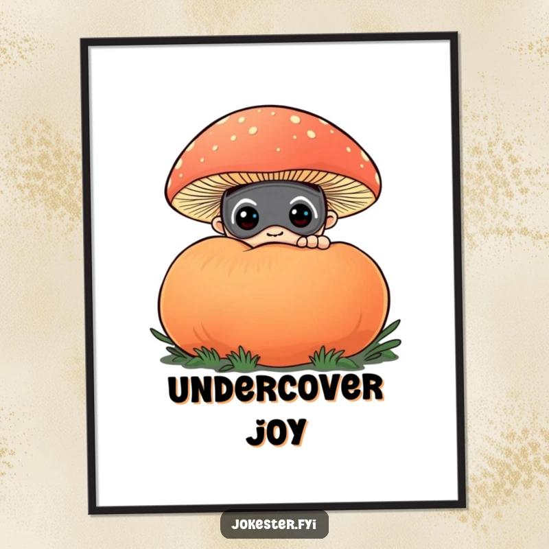 Funny digital art print of a curious character in a funny mask, peeking from behind a large, colorful puffball mushroom. High-quality and intriguing.