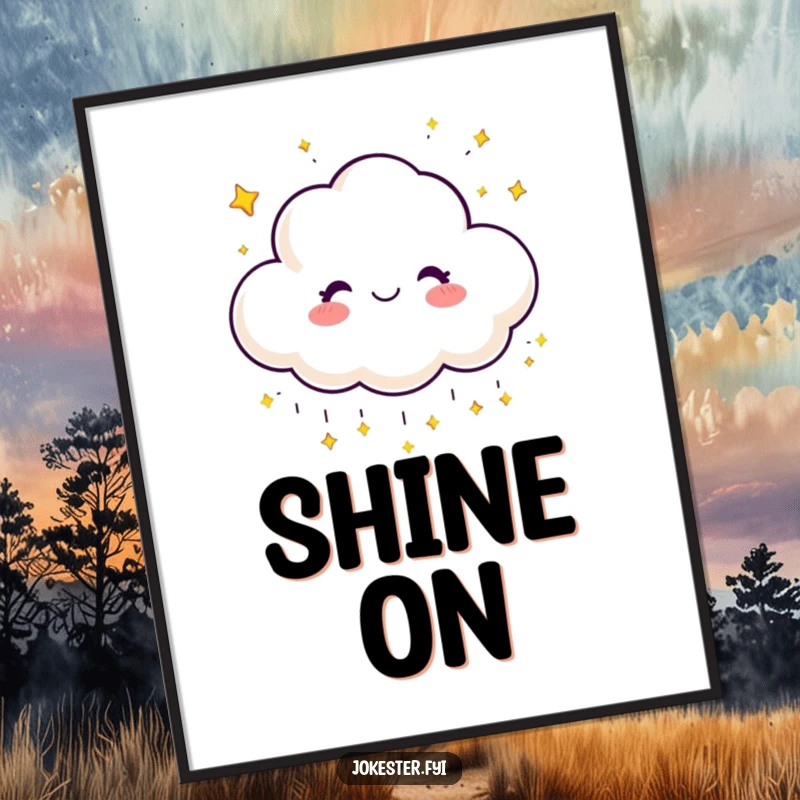 Funny digital art print of a happy cloud character raining sparkling stars, embodying pure joy and wonder.