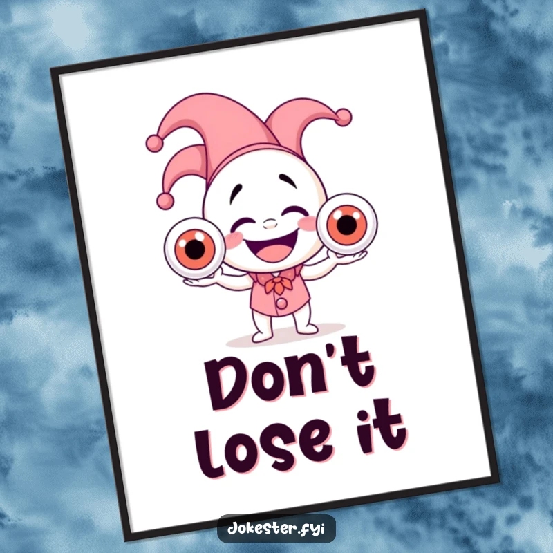 Funny digital art print of a laughing jester in a hat, comically juggling three oversized, wobbly eyeballs, full of vibrant humor.