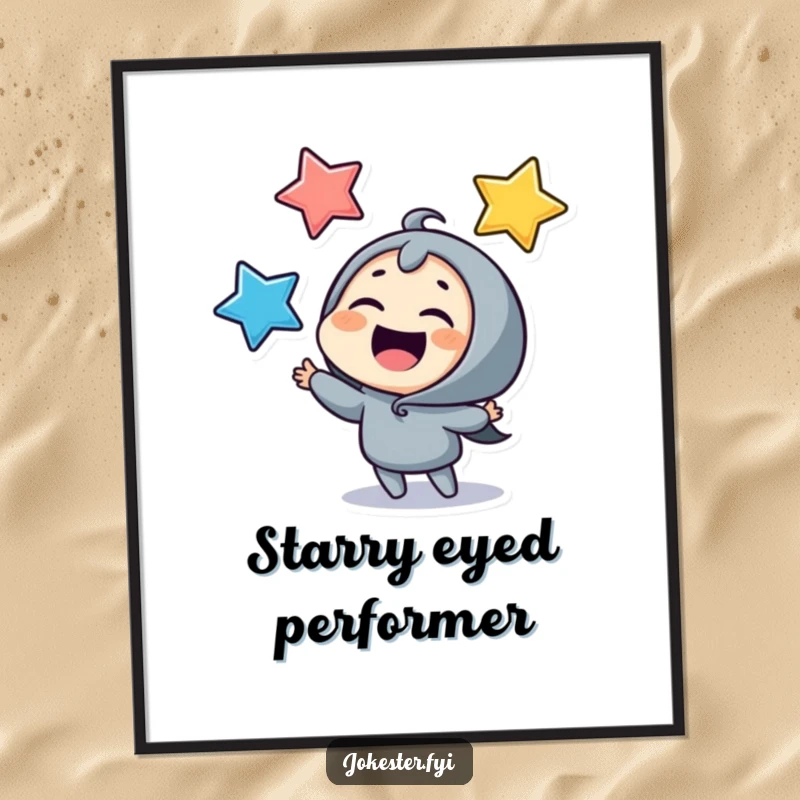 Funny juggling stars digital art print, a giggling character joyfully tossing colorful stars. High-resolution, downloadable art for a cheerful atmosphere.