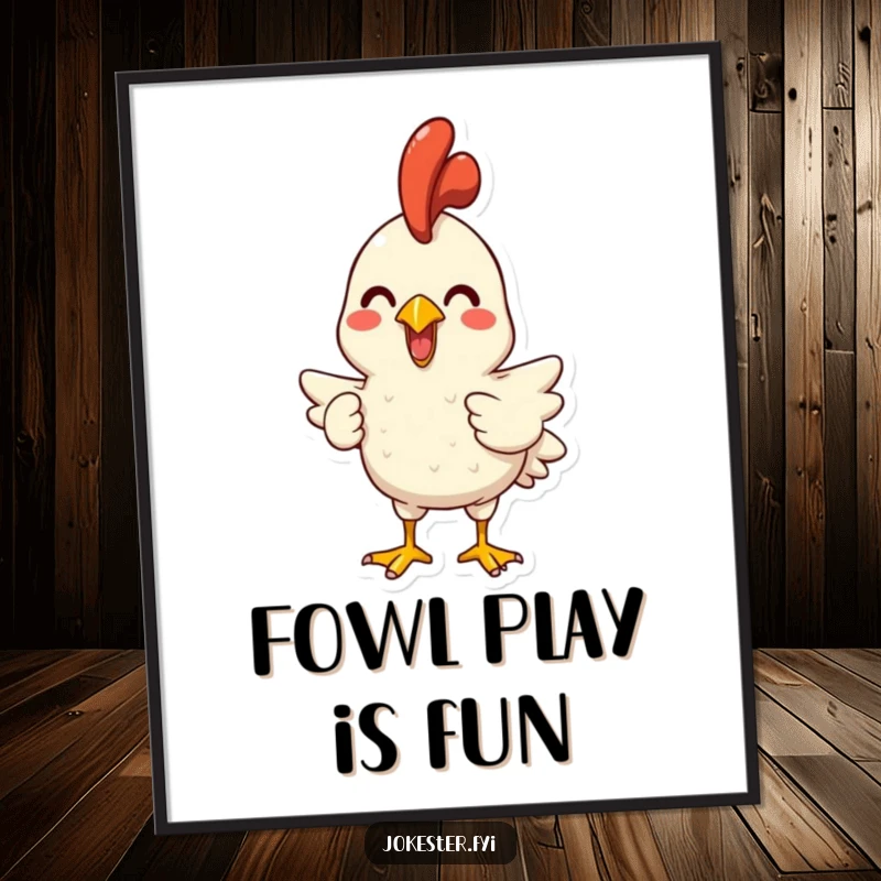 Funny digital art print of a joyful character holding a rubber chicken, mid-squawk. High-quality, hilarious, and full of fun.