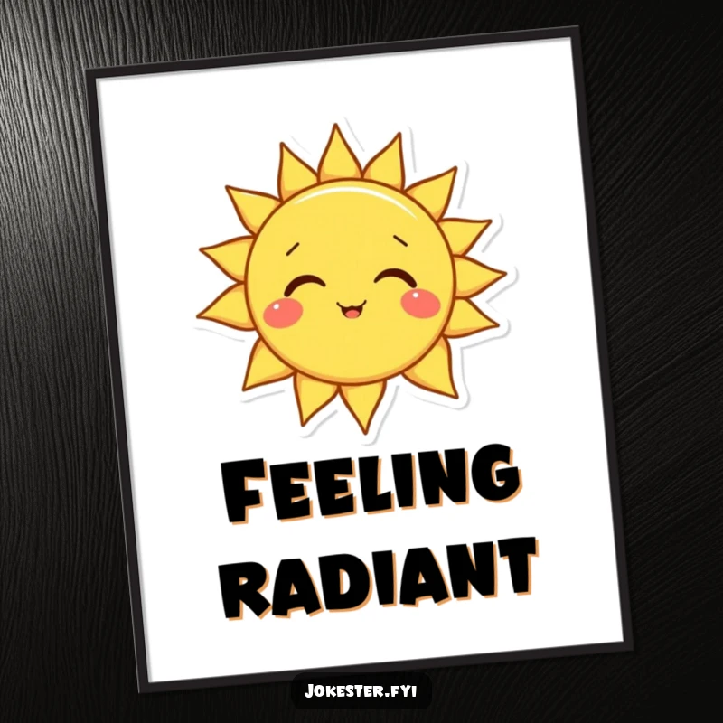 Funny sun digital art print of a happy smiling sun character tilting its head playfully, radiating warmth and comical cheer.