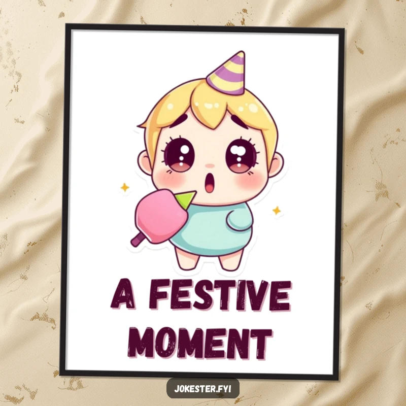 Funny surprised party popper digital art print of a character with wide eyes, holding a popped party popper, ready for instant display.