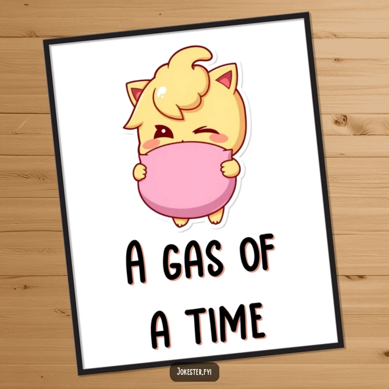 Funny whoopee cushion digital art print of a mischievous character winking, holding a whoopee cushion, ready for instant display.