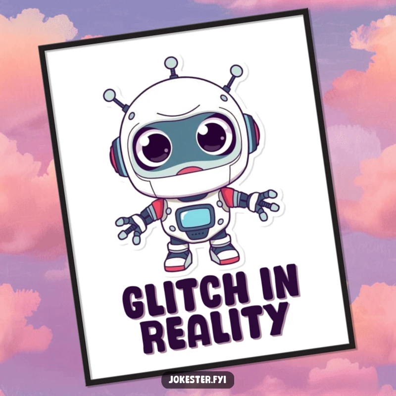 Funny robot digital art, a surprised character with enormous googly eyes looking around playfully, instant humorous decor.