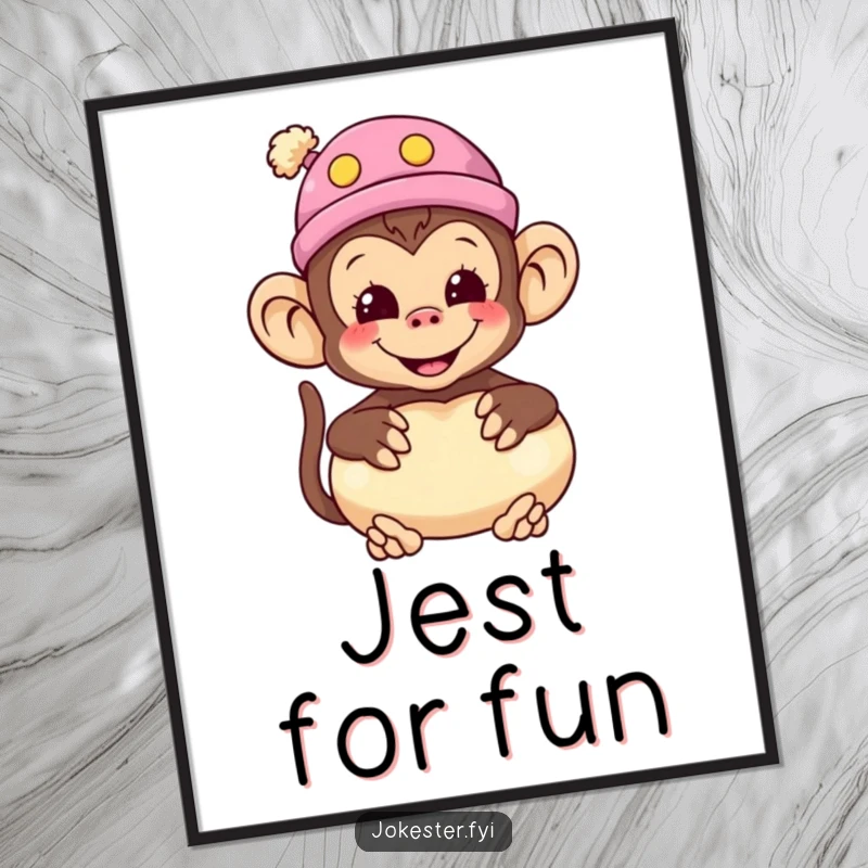 Funny monkey digital art print of a smiling monkey wearing a silly hat and holding a whoopee cushion, perfect for framing.